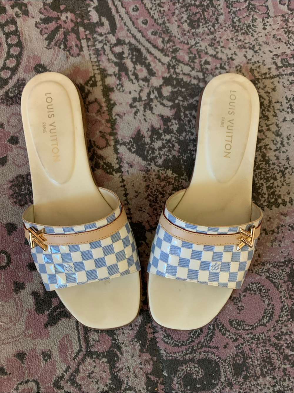 Louis Vuitton Blue and White Check Slide Mules with Gold LV Accent